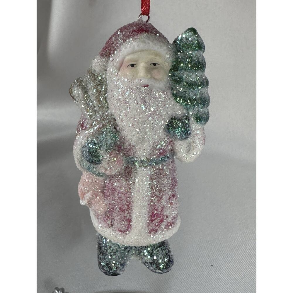 Vintage Porcelain Christmas Ornament Mica Glitter Santa Claus 4" Tall